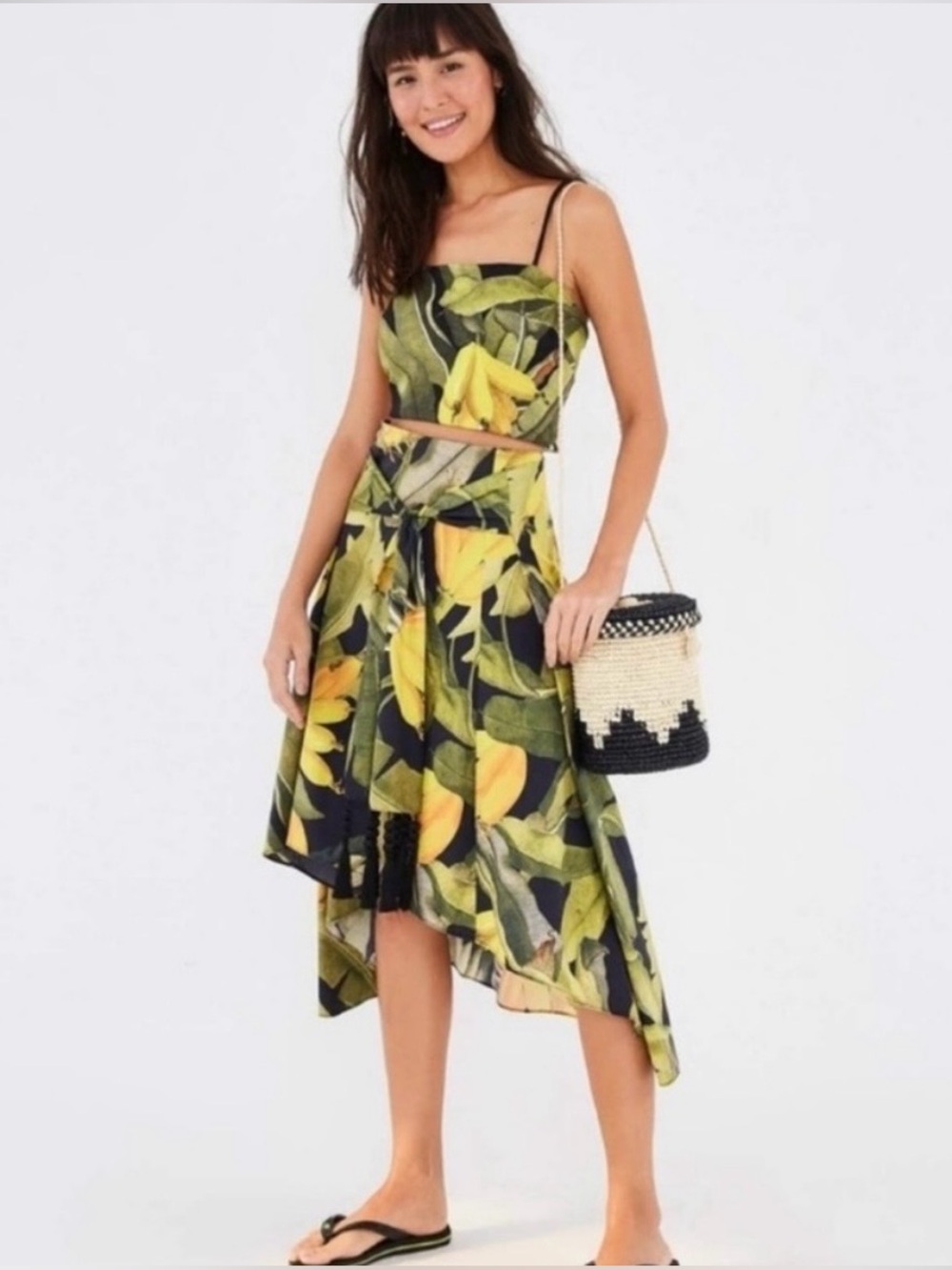 FARM RIO Cotton Banana Craze Tropical Print Tassel Belt Midi Skirt -waist 15
